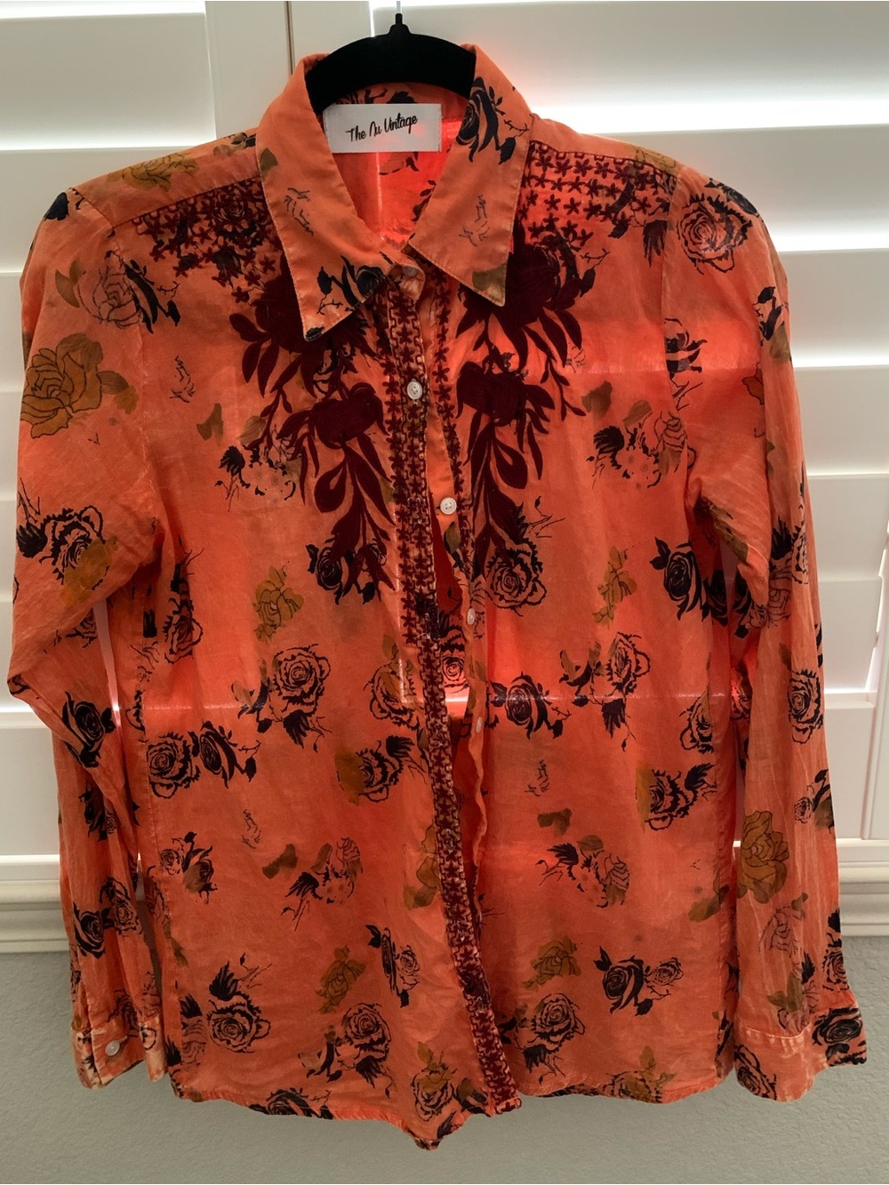 The Nu Vintage Orange Button-up Blouse with Embroidery and Rose Imprint. Small